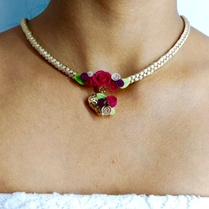 Small Floral Heart and Braided Necklace