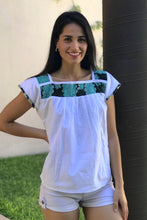 Load image into Gallery viewer, Artisanal Embroidered Blouse White/Turquoise